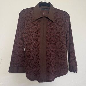 Impressions Vintage Floral Sheer Art Deco Collar Zip Ip Blouse Top